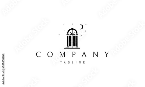 Vector logo on which an abstract image of a magic door on the background of the moon and stars.