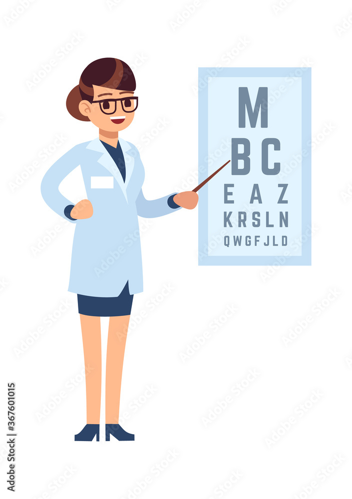 Oculist. Doctor cartoon character stands in glasses and white medical uniform and tests with alphabet, diagnostic eye, ophthalmology concept cartoon flat vector isolated illustration Oculist. Doctor cartoon character stands in glasses and white medical uniform and tests with alphabet, diagnostic eye, ophthalmology concept cartoon flat vector isolated illustration