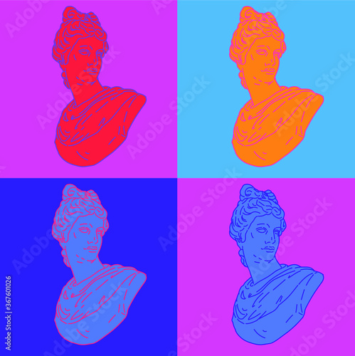 Pop art style collage with colorful gypsum heads. Illustration with psychedelic trippy vibe.