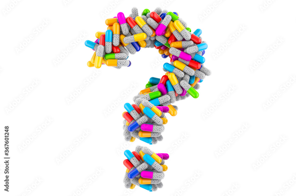 Question mark from colored capsules. 3D rendering