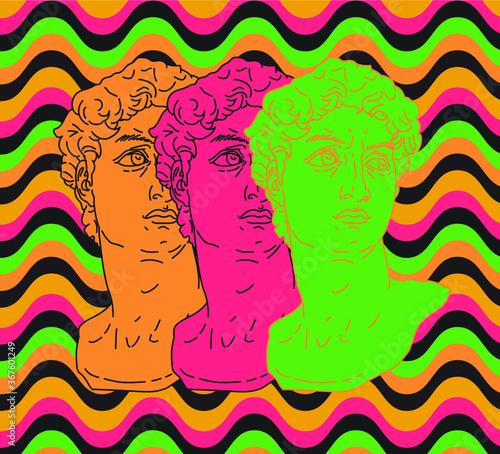 Pop art style collage with colorful gypsum heads. Trippy Retro Print for Wall Poster in Psychedelic Hippie 60s-70s stylization with Bright Acid Rainbow Colors.