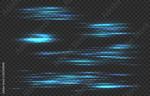 Light speed lines. Car fast motion trail effect, horizontal neon linear glow. Laser stream, quick movement, power tails isolated vector set