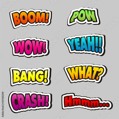 Comic book titles and words set. Emotions in pop art style. Cartoons boom, bang, wow, crash, yeah, pow, wow, hmmm. Vector illustration
