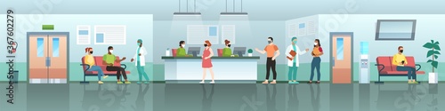 Hospital waiting room. Medical center reception with patients and doctors in masks. Coronavirus treatment, covid-19 clinic interior, aid reception vector flat horizontal concept
