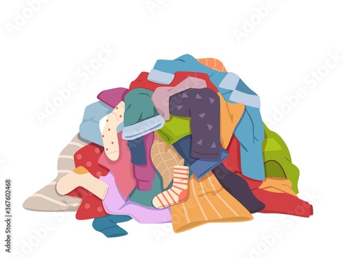 Dirty clothes pile. Messy laundry heap with stains, different soiled smelly apparel, soiled fabric old shorts, t-shirts and socks. Laundry vector concept