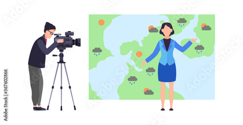 Weather forecast. Woman reporter standing on background of map with microphone and male operator with camera, meteorology concept cartoon flat vector isolated illustration