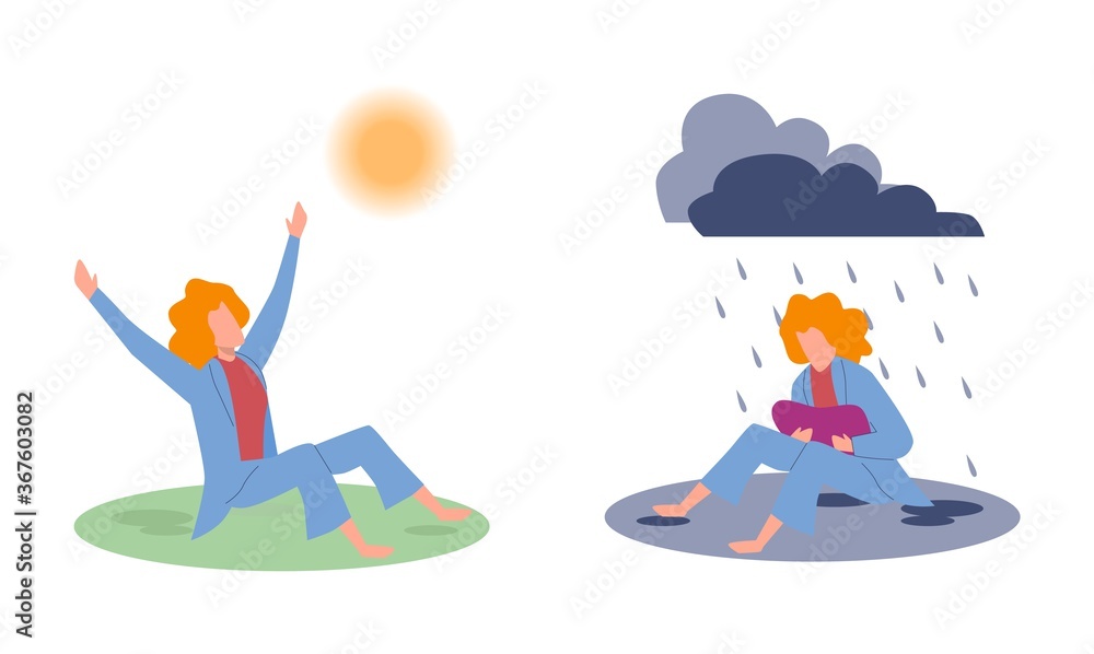 Joy and sadness. Sad woman under raining clouds and happy woman under sun, negative and positive emotions before and after psychotherapy concept, cartoon flat vector isolated illustration