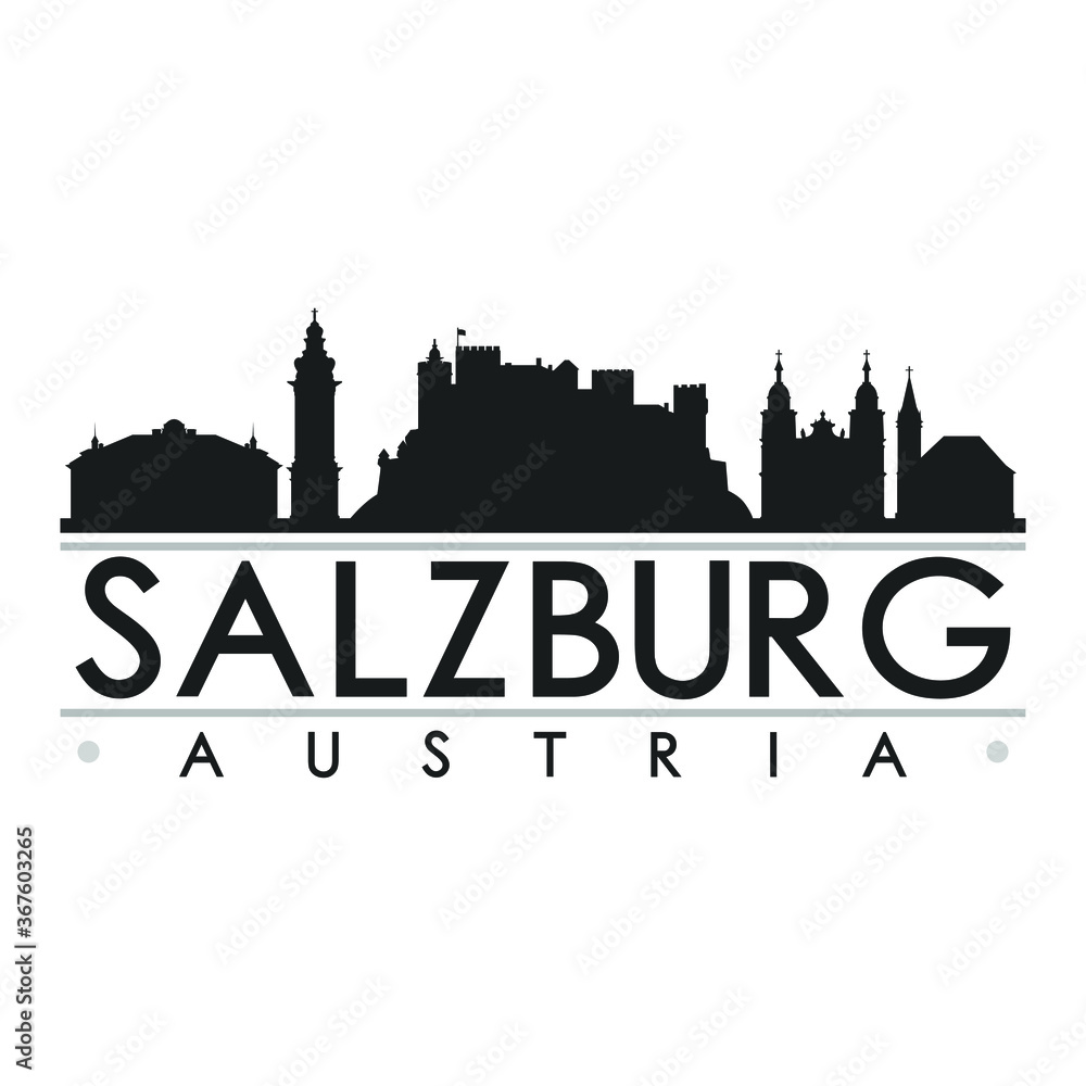 Salzburg Austria Skyline Silhouette Design City Vector Art Famous Buildings.