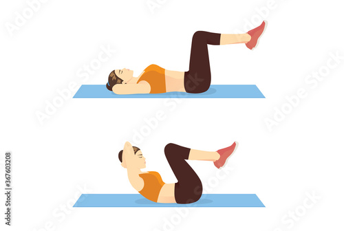 Women doing Double Crunches exercise on blue mat for flat belly. Illustration about workout for strong abdominal.