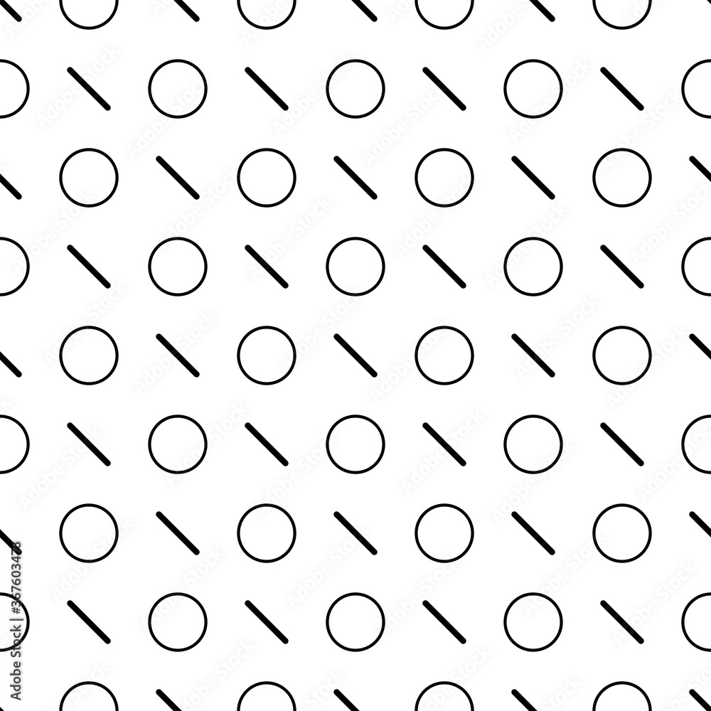 Circles, strokes seamless pattern. Circle shapes, lines ornament. Balls, dashes print. Circular, linear figures wallpaper. Rounds, stripes background. Geometric backdrop. Abstract motif. Vector art