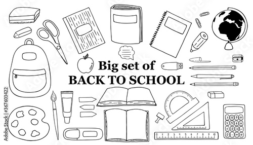 Vector illustration. Large set with stationery isolated on white background. Office accessories elements. Theme of back to school. Hand drawn simple doodle clipart. For poster, banner, illustration.