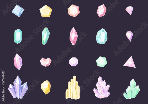Set of colored crystals. Colorful jewelry gems, precious stones, luxury crystal stalagmites and stalactites. Quartz, sapphire and amethyst gemstone vector set