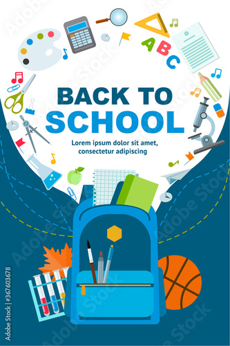 Back to school poster design. Backpack and school supplies on a colorful background. Vector illustration in a flat style. Can be used for sale banner, web, advertisement, signs.