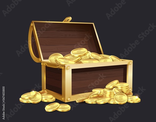 Chest of gold coin. Closed and open vintage wooden trunk full of golden coins, medieval mystery pirate treasures illustration for game cartoon vector set