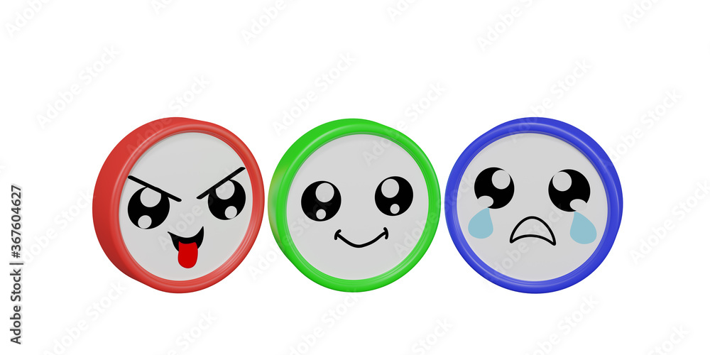 Obraz premium drei bunte Emoticons in frecher, lustiger und trauriger Stimmung auf weißem Hintergrund.