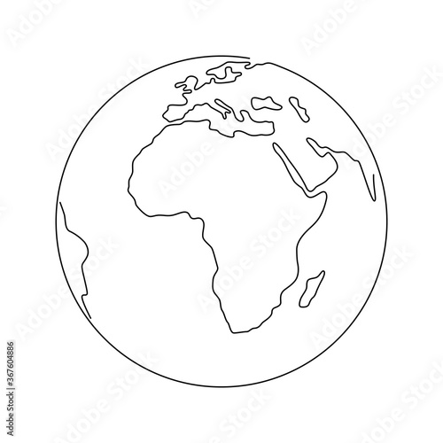 Outline hand drawn Earth. Planet Earth icon. Vector Illustration. Globe isolated on white background. Planet for logo, cards, banners. Earth globe, one line drawing of world map