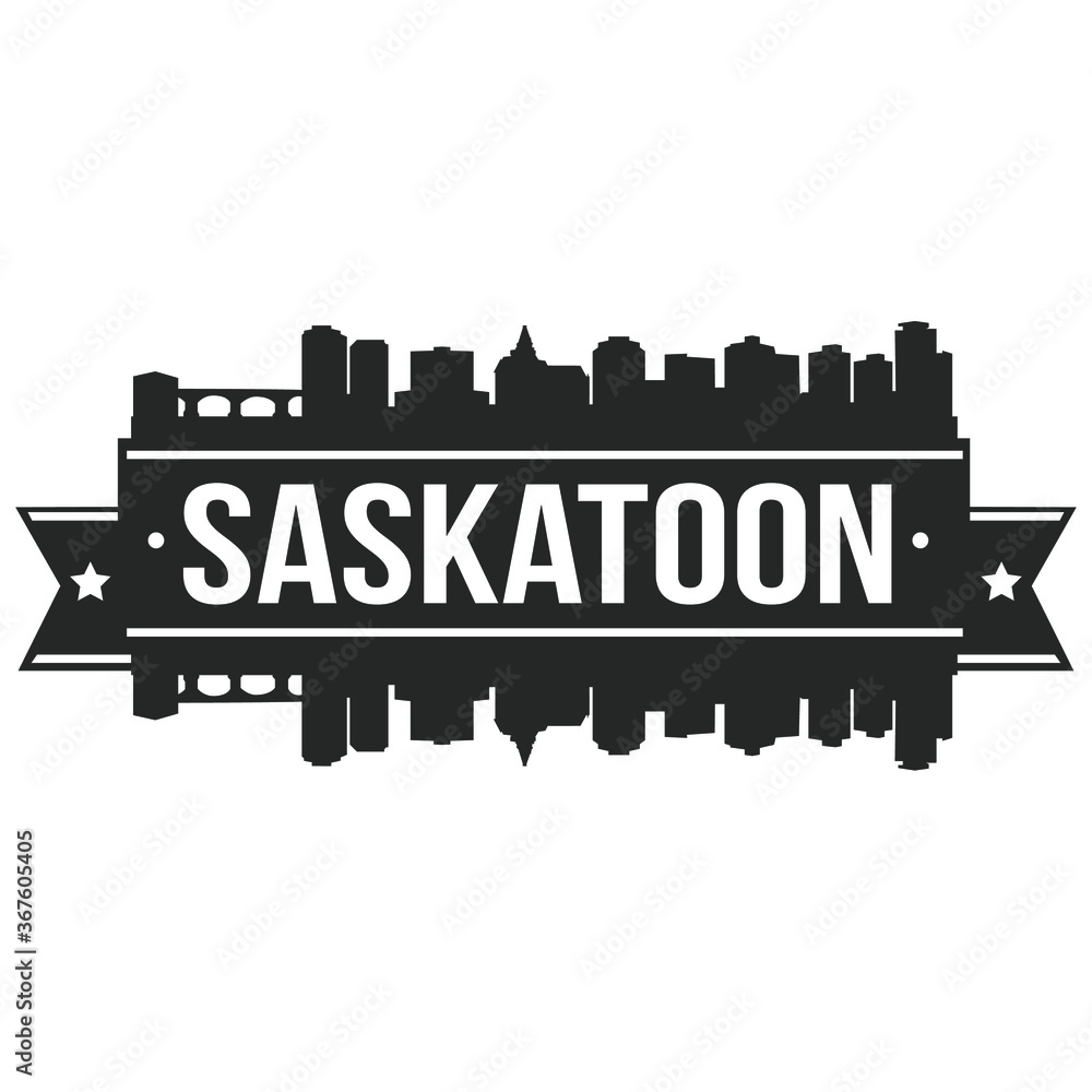 Saskatoon Skyline Stamp Silhouette. Reflection Landscape City Design. Vector Cityscape Icon.   