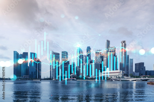 Photography Forex and stock market chart hologram over panorama city view of Singapore, the financial center in Asia