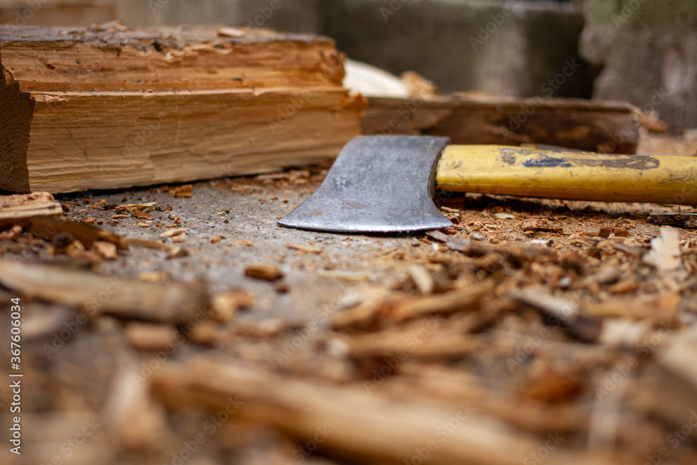 Axe with chopped wood Axe with chopped wood
