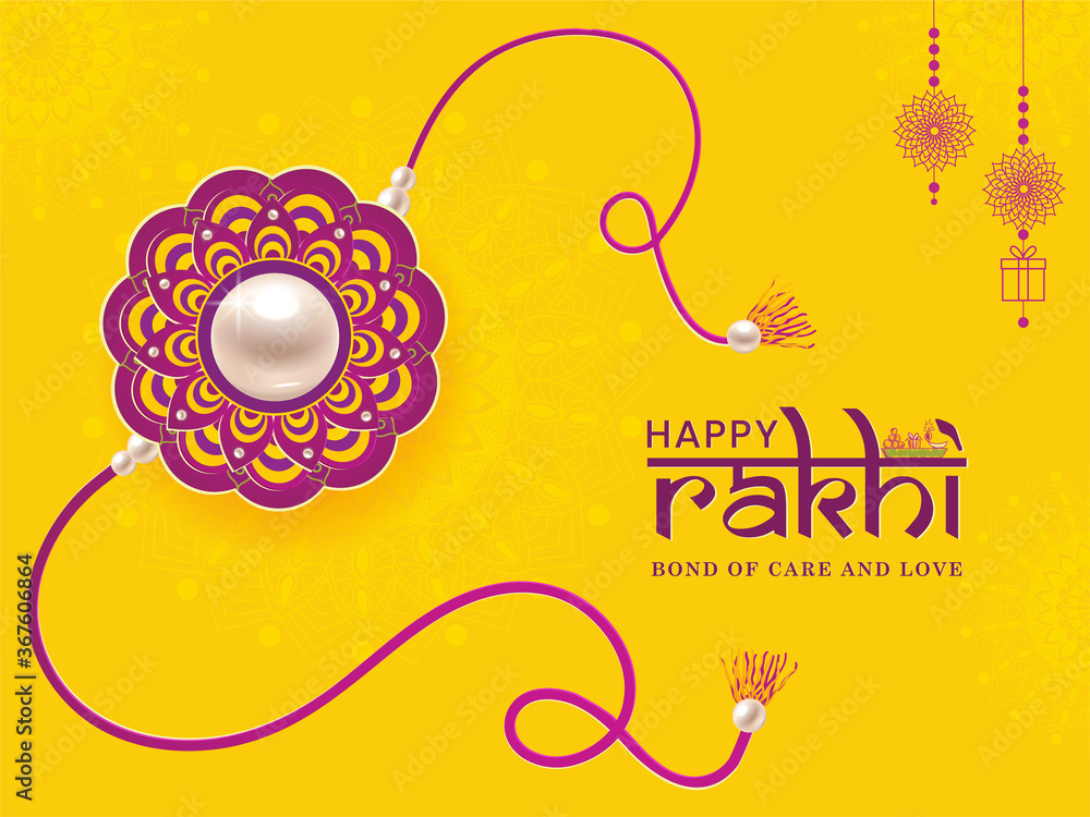 Happy Rakhi. Illustration of banner, poster or greeting card design with decorative Rakhi for Raksha Bandhan, Indian festival of brother and sister bonding celebration. - obrazy, fototapety, plakaty 