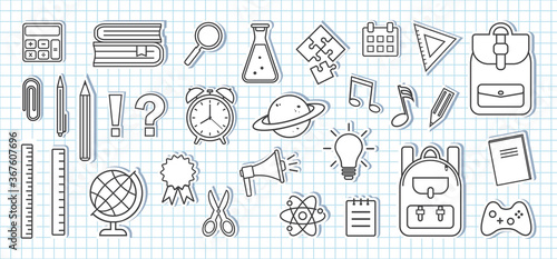 School supplies icons. Paper stickers on sheet of school checkered notebook. Black and white design. Vector illustration