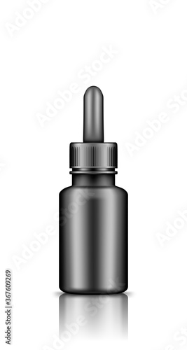 Black plastic dropper container with lid mockup. Blank medicine or cosmetic package for eye or nose drops, oil, and serum. Product template. Isolated 3d vector illustration