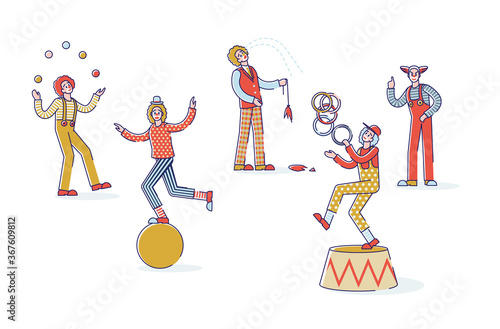 Group of cartoon clowns on white background. Circus characters in red wigs with makeup and red noses