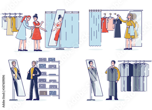 People trying clothes in fashionable boutique. Cartoon male and female customers choose new outfit