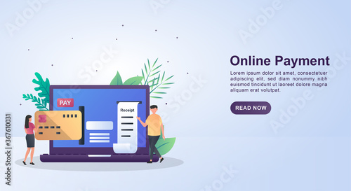 Illustration concept of Online payment with people entering credit cards.