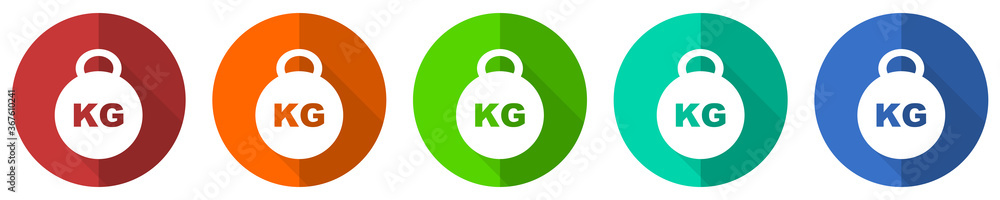 Kilogram icon set, kilo, kg, weight, red, blue, green and orange flat design web buttons isolated on white background, vector illustration Kilogram icon set, kilo, kg, weight, red, blue, green and orange flat design web buttons isolated on white background, vector illustration