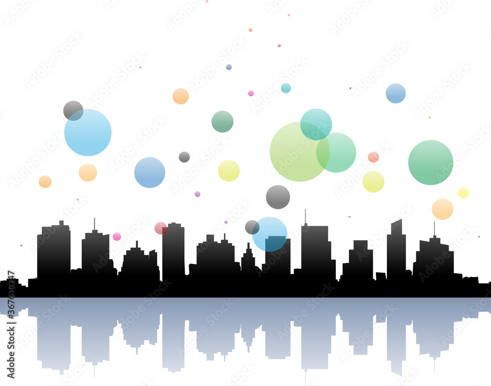 Silhouette cityscape banner with abstract color bubbles