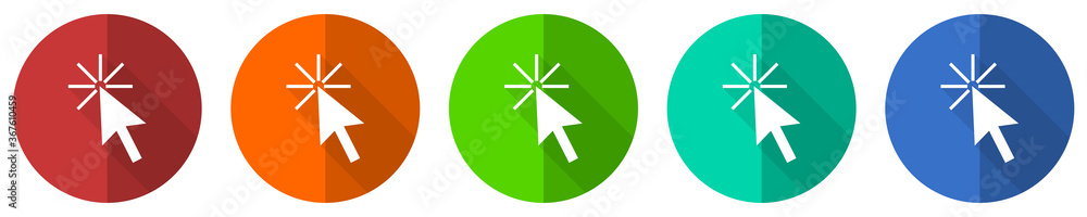 Click here icon set, red, blue, green and orange flat design web buttons isolated on white background, vector illustration Click here icon set, red, blue, green and orange flat design web buttons isolated on white background, vector illustration