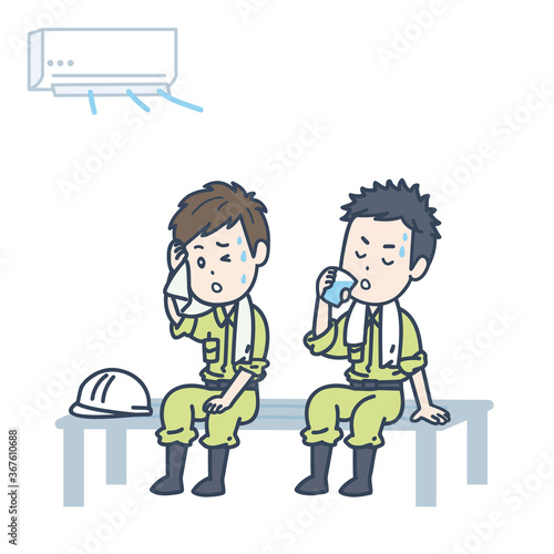 涼しい場所で休憩する男性作業員２人のイラスト