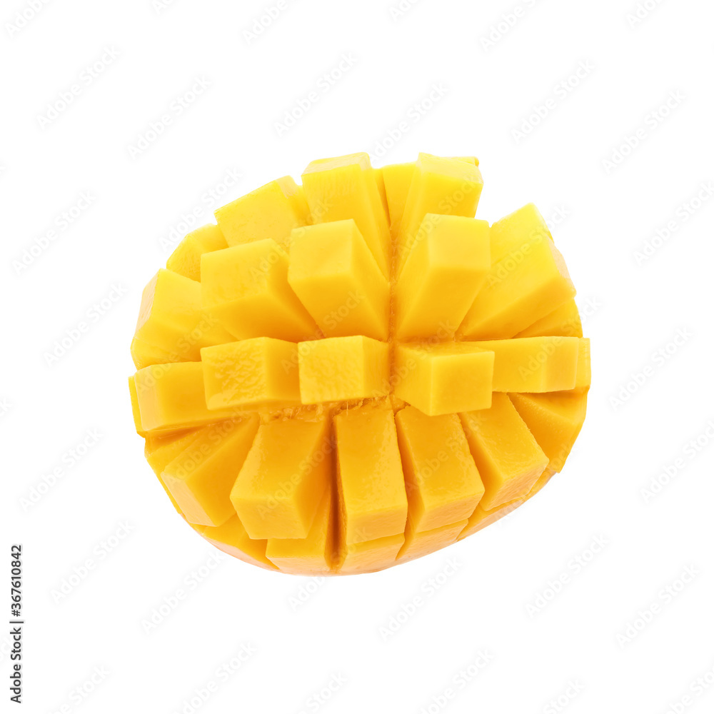 Cut ripe mango isolated on white, top view. Exotic fruit Cut ripe mango isolated on white, top view. Exotic fruit