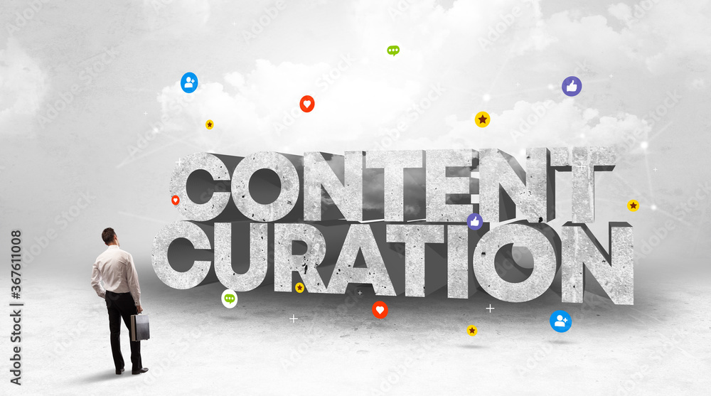 Young businessman standing in front of CONTENT CURATION inscription, social media concept Young businessman standing in front of CONTENT CURATION inscription, social media concept