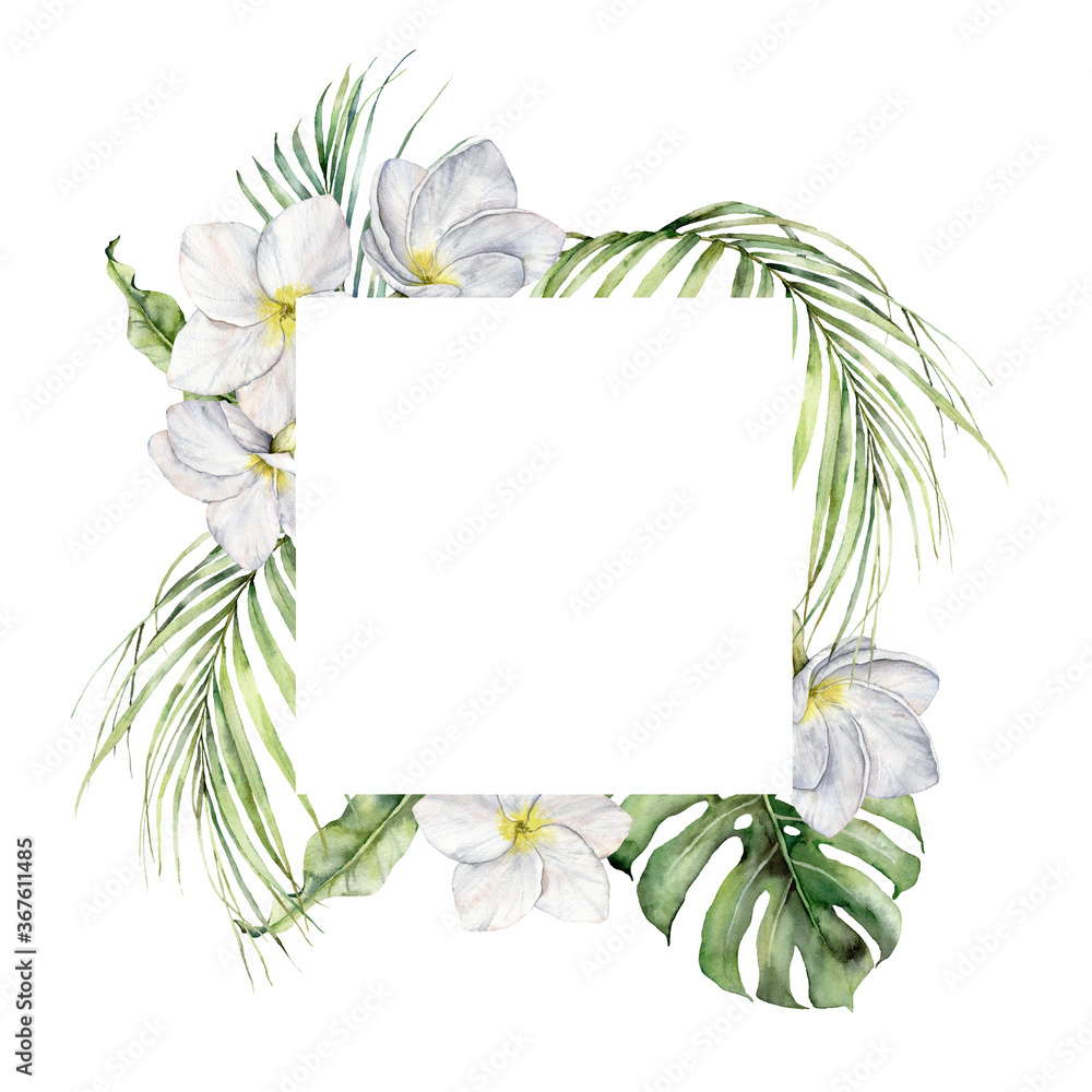 Fototapeta premium Watercolor jungle frame with plumeria and palm leaves. Hand painted tropical flowers and jungle greenery isolated on white background. Frangipani. Floral illustration for design, print or background.