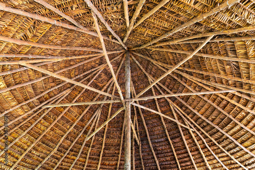 Traditional roof construction inside a hut of the Amazon Rainforest  Ecuador.