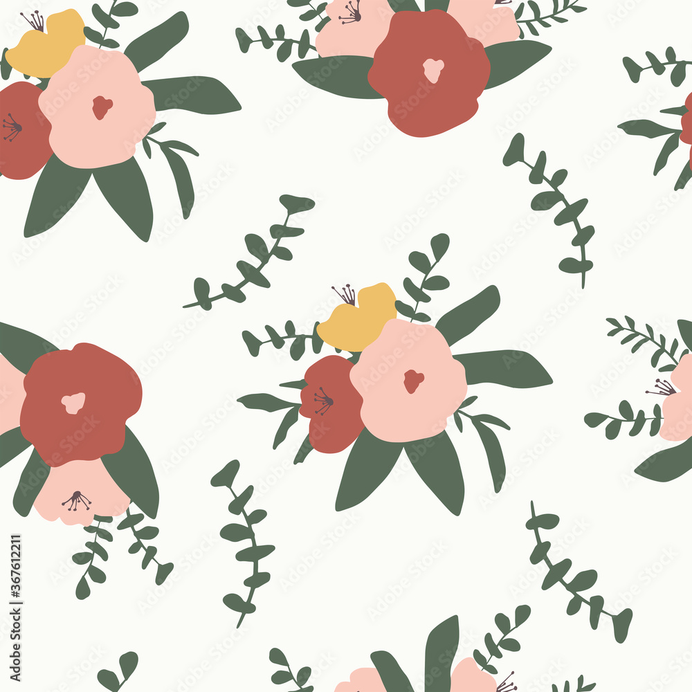Modern abstract pattern in pink, green, red, terracotta. White background. Hand drawn flowers and leaves. Perfect for greeting card, social media post, banner.
