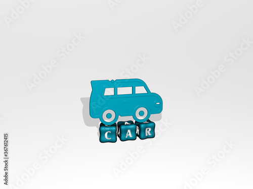 3D representation of CAR with icon on the wall and text arranged by metallic cubic letters on a mirror floor for concept meaning and slideshow presentation. illustration and auto