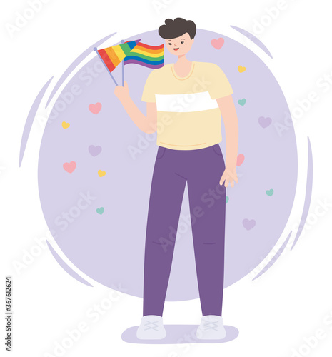 LGBTQ community, young man holding rainbow flags, gay parade sexual discrimination protest