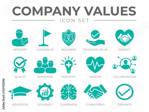 Business Company Values Icon Set. Integrity, Leadership, Boldness, Value, Respect, Quality, Teamwork, Positivity, Passion, Collaboration, Education, Efficiency, Cleverness, Commitment, Genuine Icons. photo