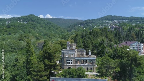 An ancient European building filmed from a drone photo