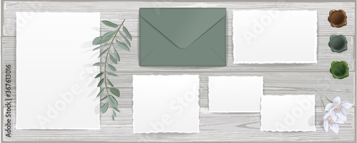 Vector set of isolated stationery items for branding mock-up and colored wax seal. All templates with transparent shadows