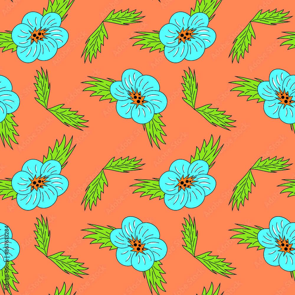 Seamless pattern with blue flowers and green leaves on an orange background. It can be used for textiles of clothing and things, paper products, interior and background for social networks, etc Seamless pattern with blue flowers and green leaves on an orange background. It can be used for textiles of clothing and things, paper products, interior and background for social networks, etc