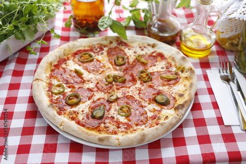 Pizza with salami, green pepper and mozzarella cheese. Italian cuisine. Traditional Italian pizza. Suggestion to serve a dish. Food background.