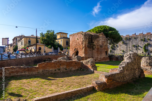 Pisa, Italy - August 14, 2019: Baths of Nero or Bagni di Nerone in Pisa are an archaeological site near the Porta a Lucca in Pisa, region of Tuscany