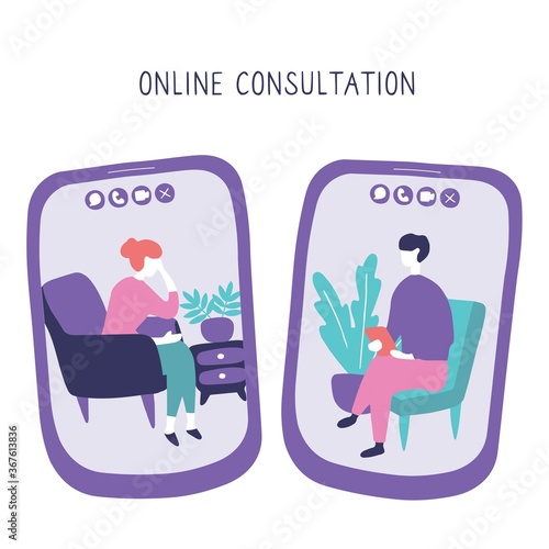 Doctor and patient communicate by video call. Online psychiatrist concept. Two people on screens of smartphones are talking to each other. Hand drawn vector illustration