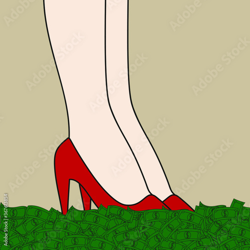 Women's legs in shoes stand in money