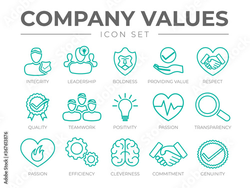 Company Values Outline Icon Set. Integrity, Leadership, Boldness, Value, Respect, Quality, Teamwork, Positivity, Passion, Transparency, Passion, Efficiency, Cleverness, Commitment, Genuinity Icons.