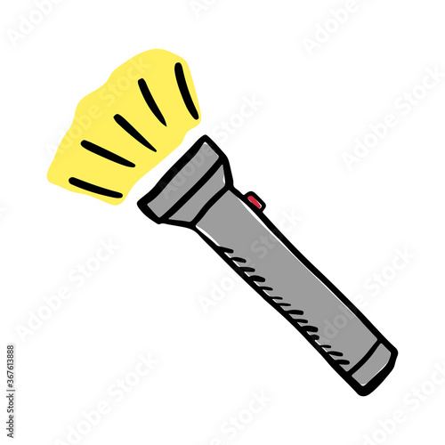 Flashlight icon. Side view. Color sketch. Vector flat graphic hand drawn illustration. The isolated object on a white background. Isolate.